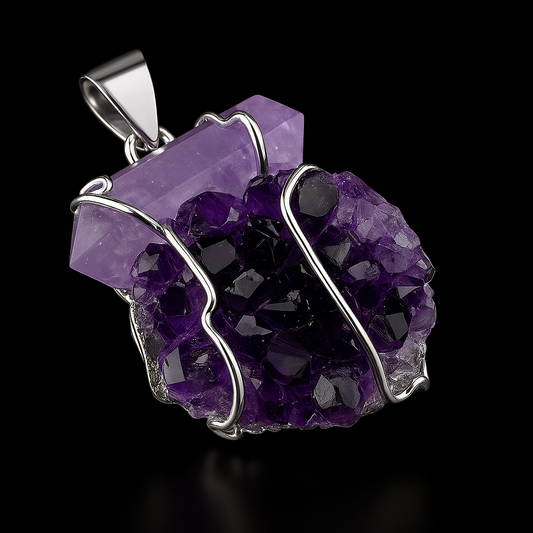 Double Terminated Stone with Amethyst Druse Pendant #62.1
