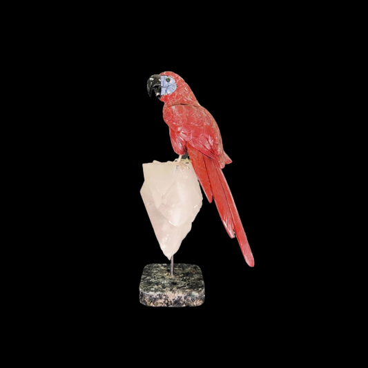 Red Jasper Parrot on Clear Quartz & Granite Base – 32cm | 2.9kg