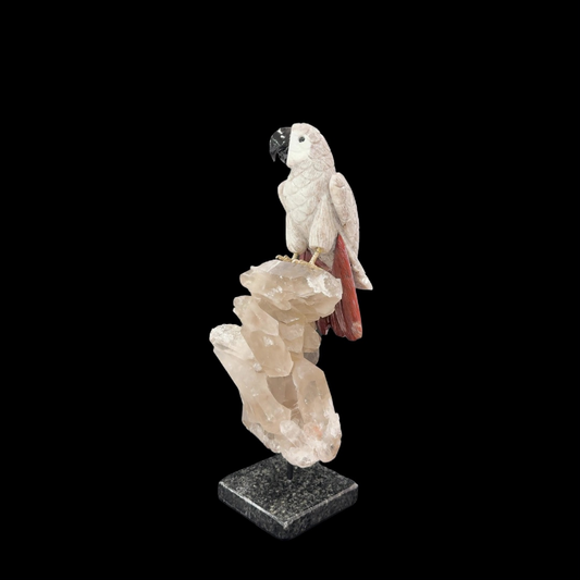 Dolomite Parrot with Red Jasper Tail on Smoky Quartz & Granite Base – 37cm | 3.66kg