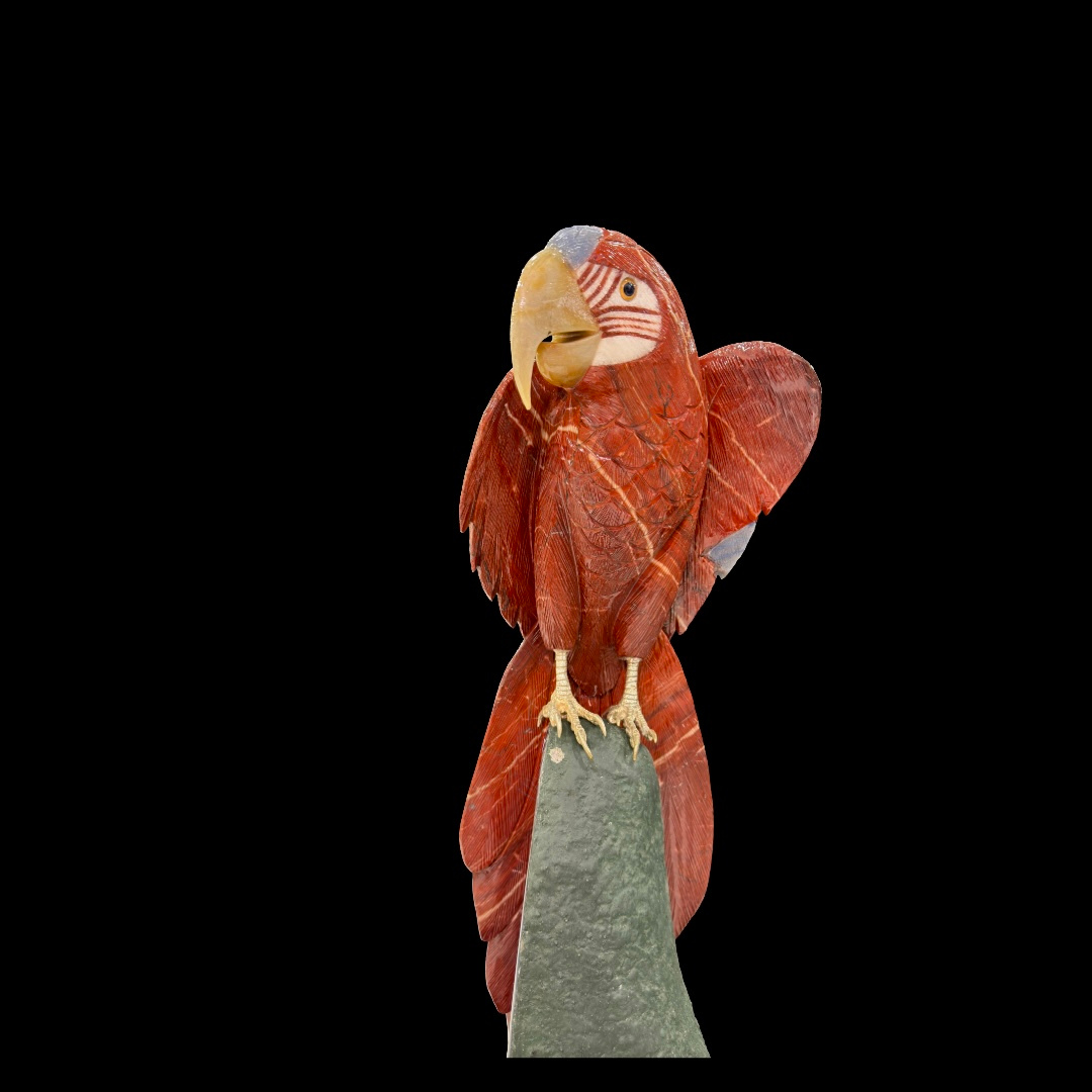 Red Jasper Macaw with Blue Quartz & Serpentine Accents on Cathedral Amethyst – 83cm | 37.8kg