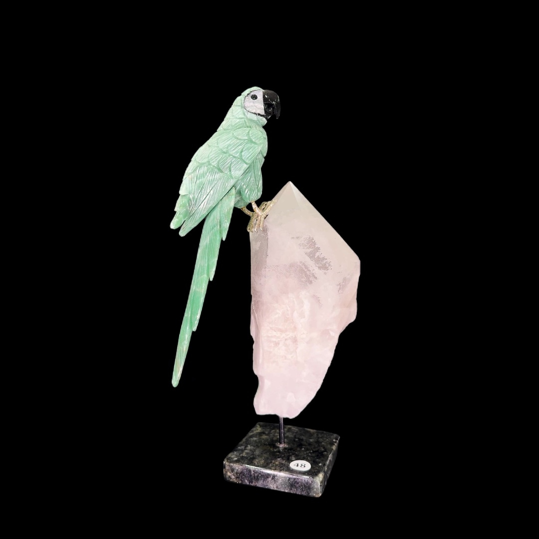 Green Quartz Parrot on Rose Quartz & Granite Base – 39cm | 4.64kg