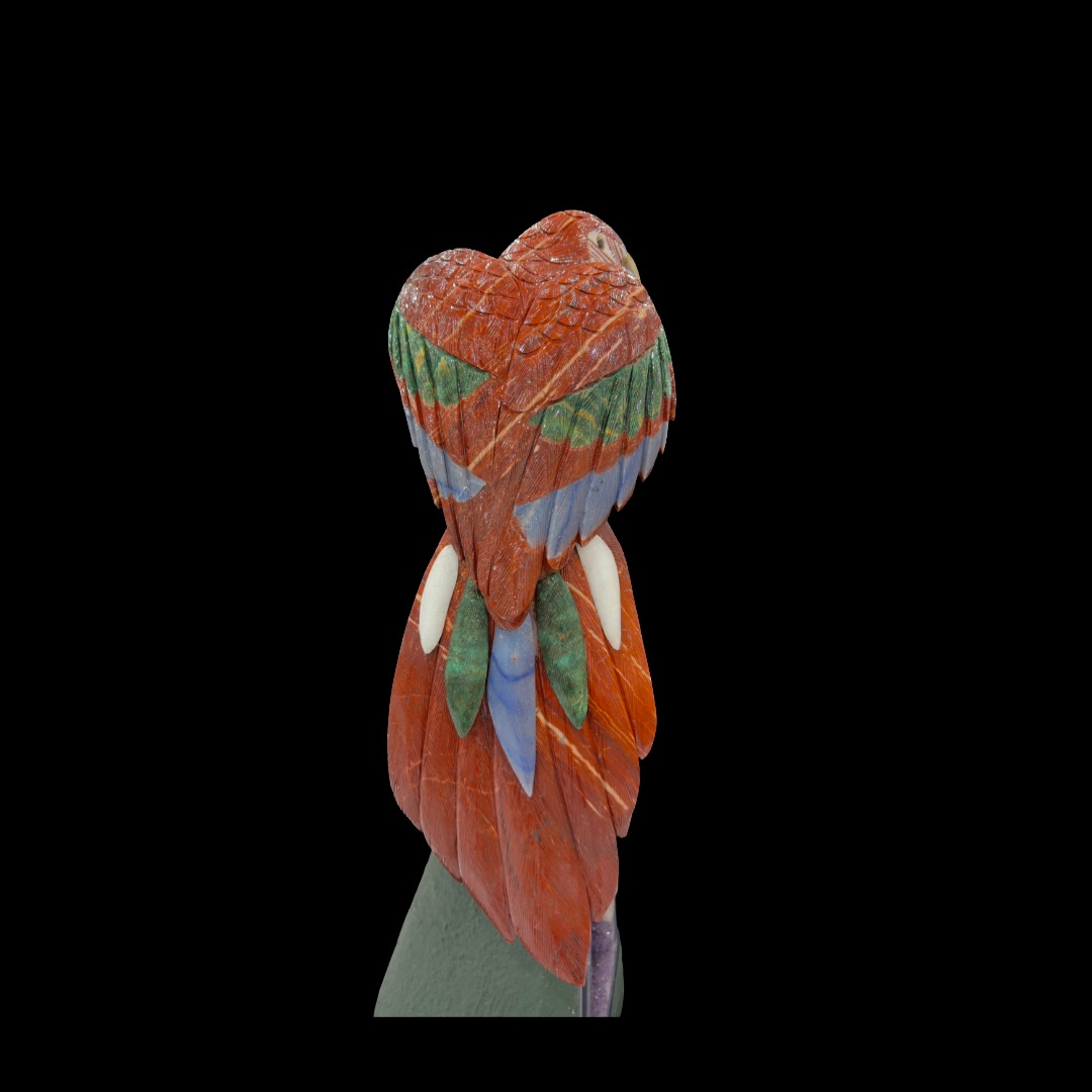 Red Jasper Macaw with Blue Quartz & Serpentine Accents on Cathedral Amethyst – 83cm | 37.8kg