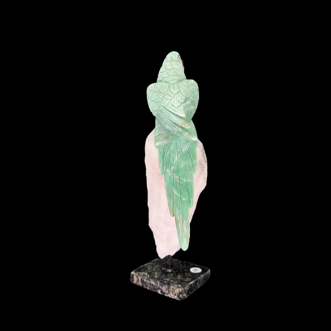 Green Quartz Parrot on Rose Quartz & Granite Base – 39cm | 4.64kg