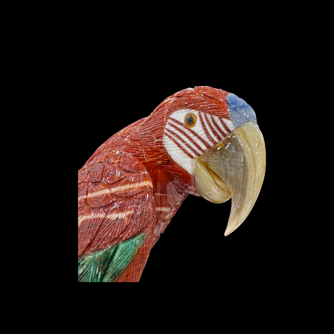 Red Jasper Macaw with Blue Quartz & Serpentine Accents on Cathedral Amethyst – 83cm | 37.8kg