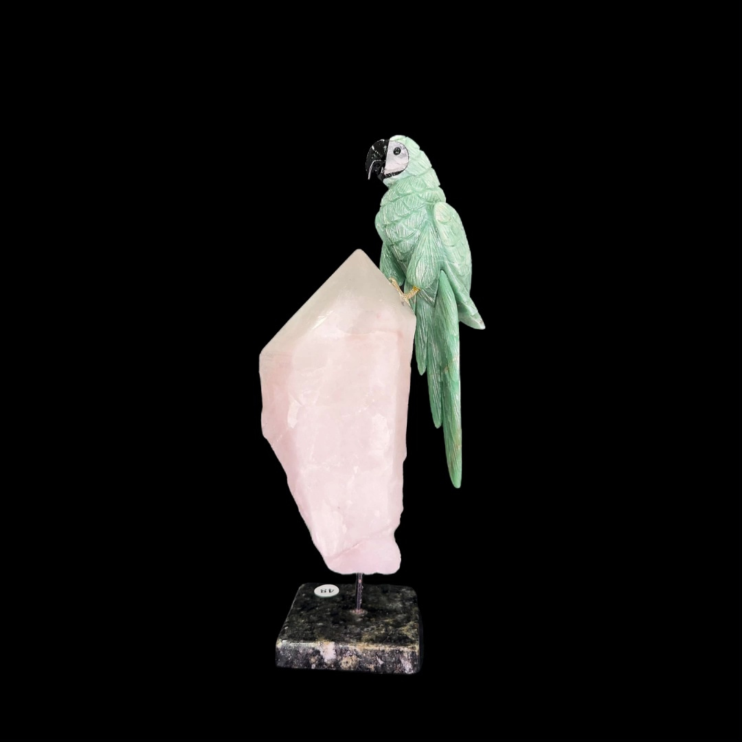 Green Quartz Parrot on Rose Quartz & Granite Base – 39cm | 4.64kg