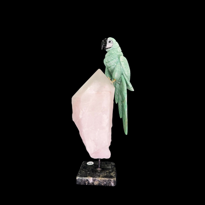 Green Quartz Parrot on Rose Quartz & Granite Base – 39cm | 4.64kg