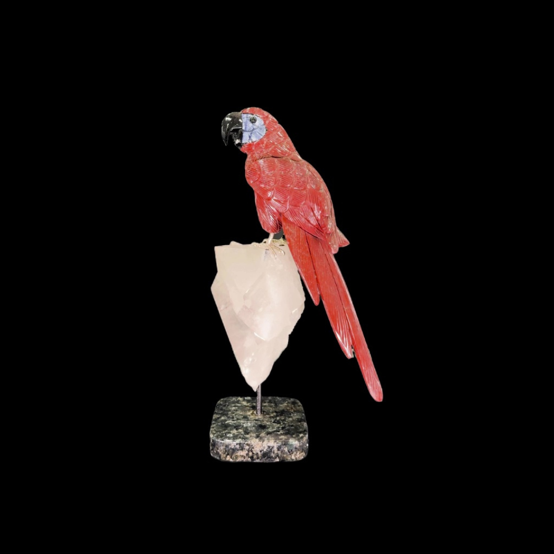 Red Jasper Parrot on Clear Quartz & Granite Base – 32cm | 2.9kg