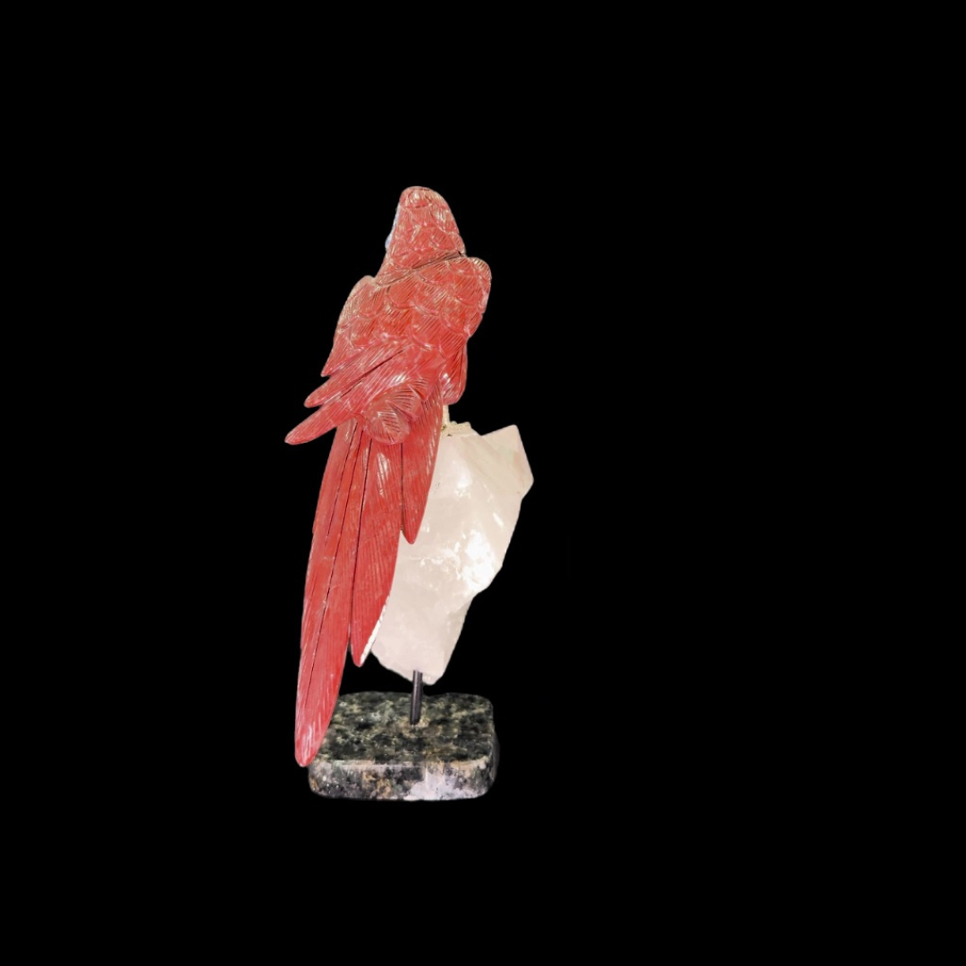 Red Jasper Parrot on Clear Quartz & Granite Base – 32cm | 2.9kg