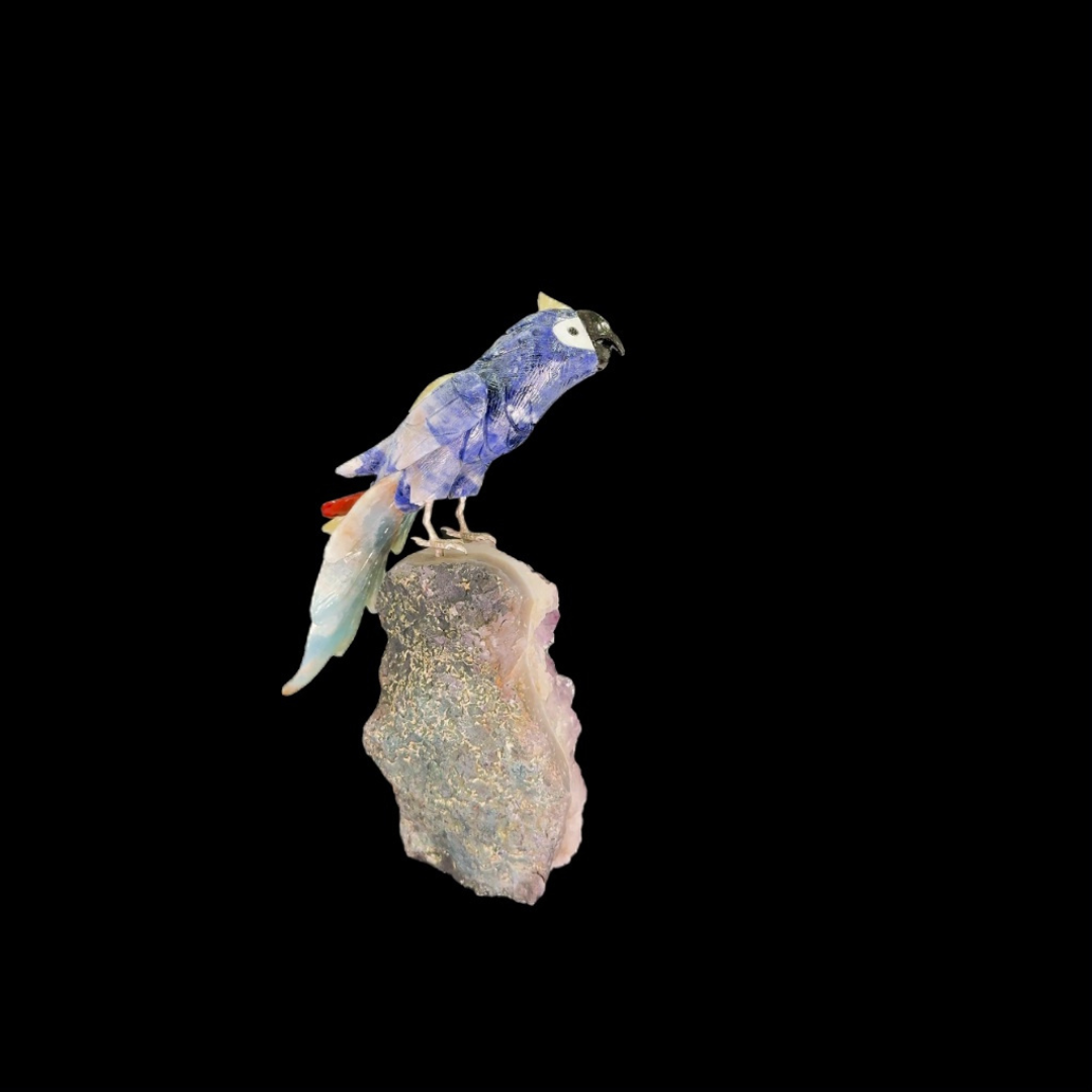 Sodalite Parrot with Jasper Accents on Amethyst Cut-Base – 20cm | 1.24kg