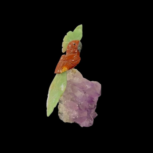 Red Jasper Parrot with Green Quartz Crown & Tail on Amethyst Cutbase – 20cm | 1kg