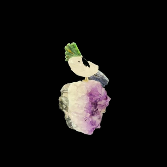 Clear Quartz Parrot with Green Quartz Crown & Sodalite Tail on Amethyst Cutbase – 17cm | 1kg