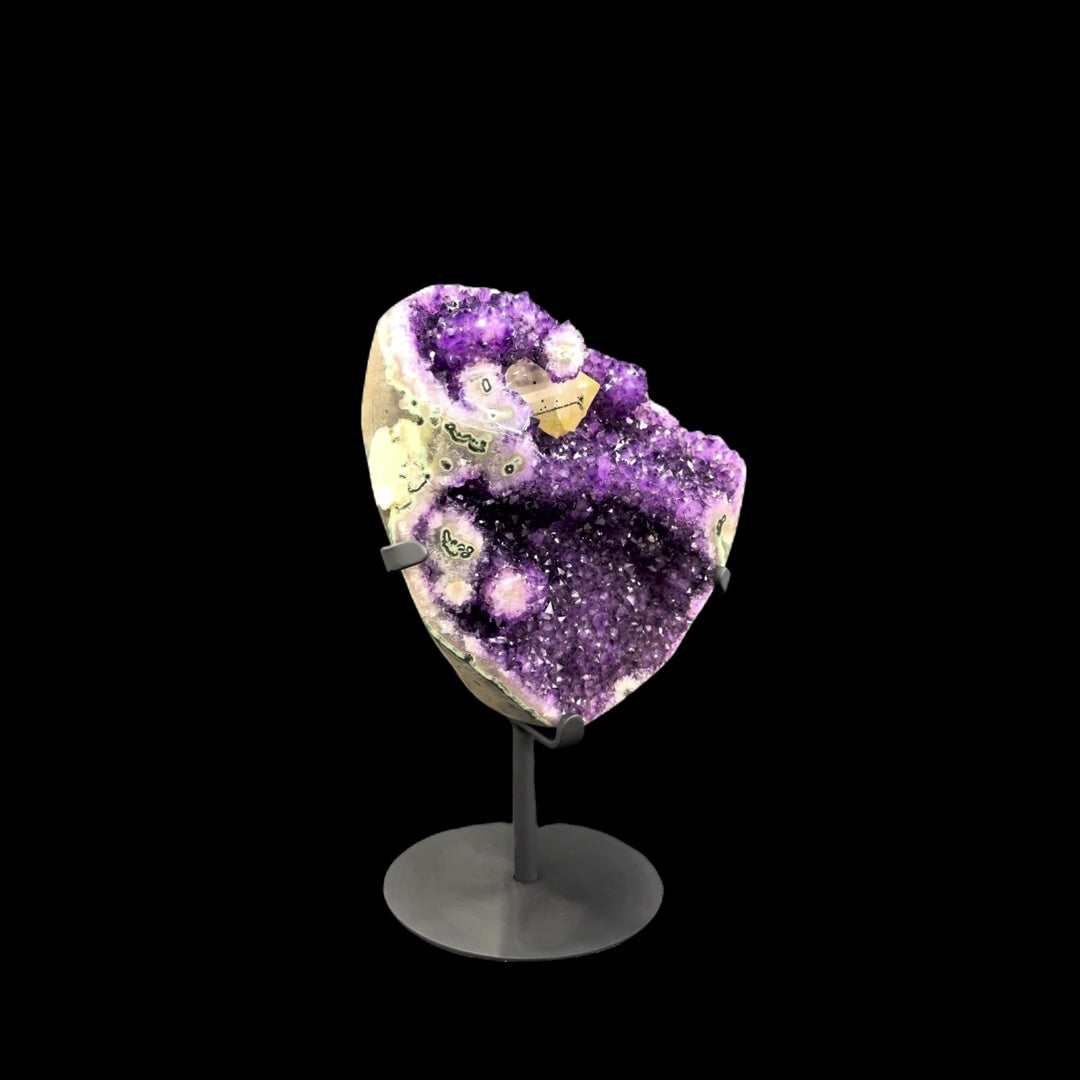 Uruguayan Amethyst with Stalactite & Calcite Inclusions on Metal Base – 33cm | 6.36kg