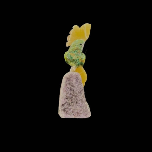 Green Quartz Parrot with Orange Calcite Crown & Tail on Amethyst Cutbase – 20cm | 0.61kg