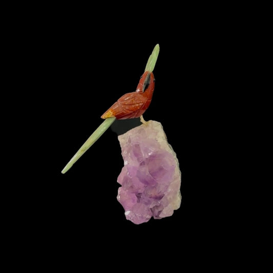 Red Jasper Parrot with Green Quartz Crown & Tail on Amethyst Cutbase – 20cm | 1kg