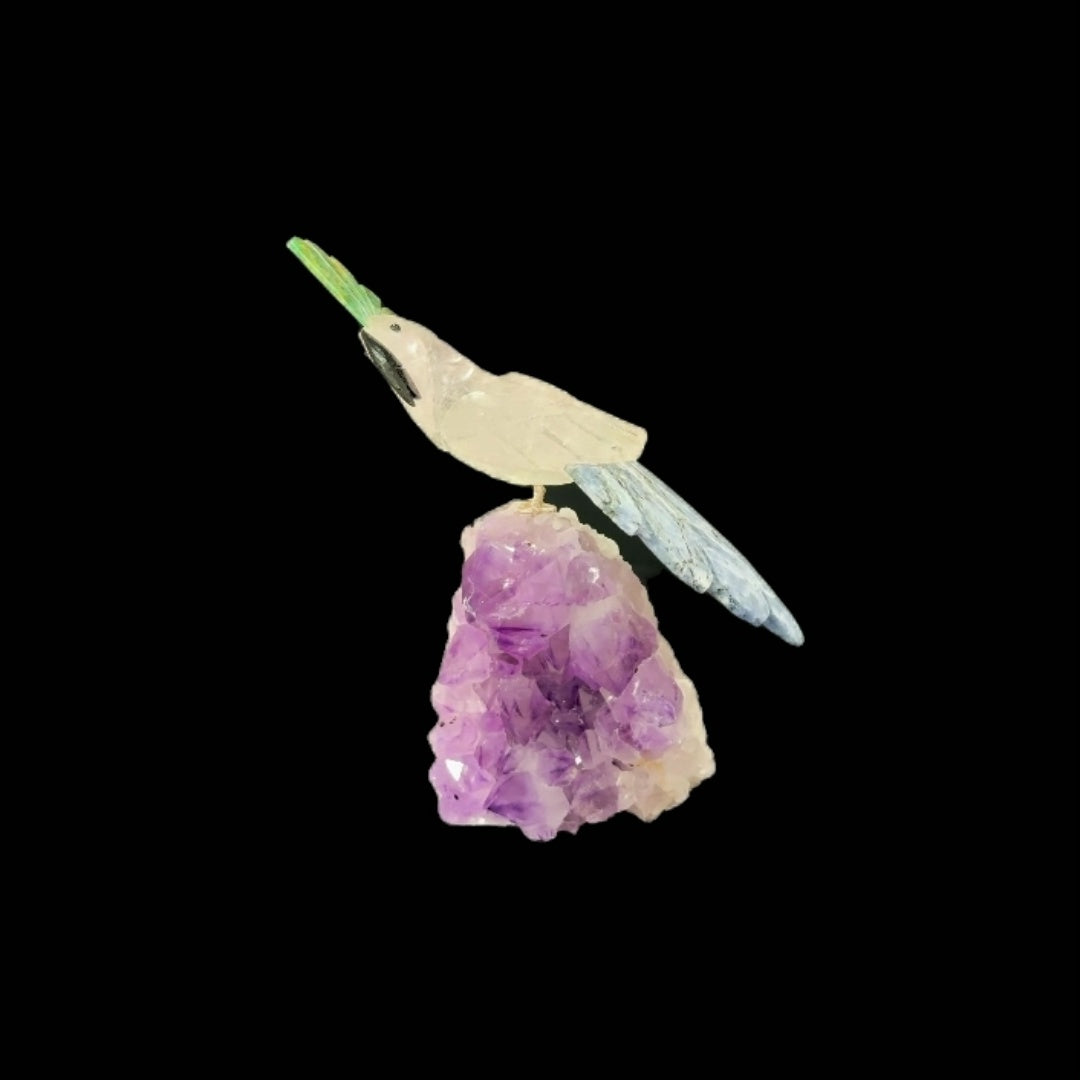 Clear Quartz Parrot with Green Quartz Crown & Sodalite Tail on Amethyst Cutbase – 17cm | 1kg