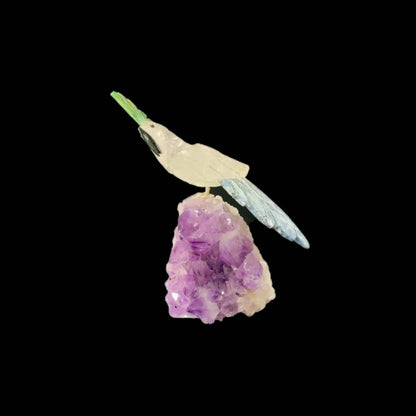 Clear Quartz Parrot with Green Quartz Crown & Sodalite Tail on Amethyst Cutbase – 17cm | 1kg