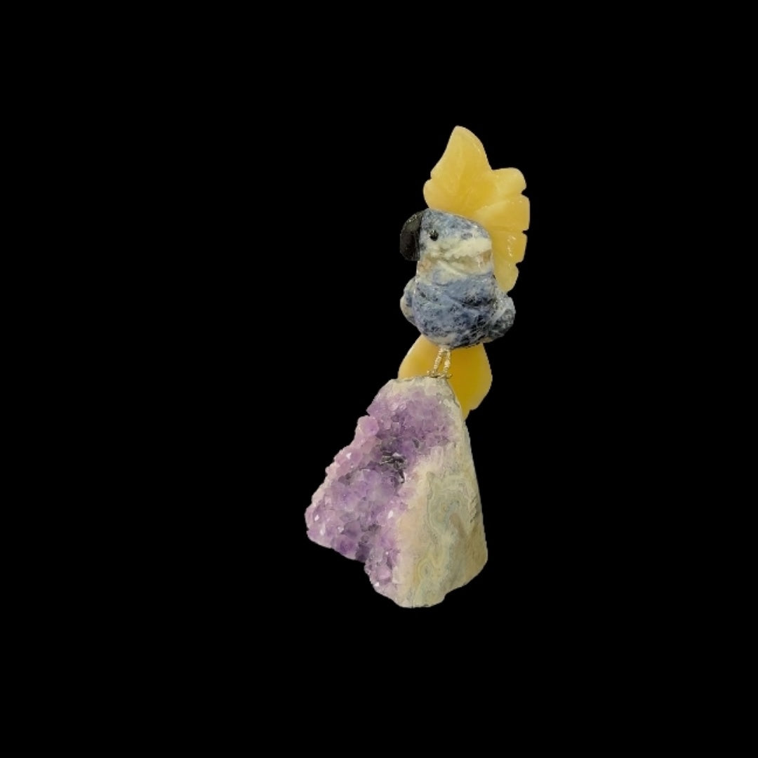 Sodalite Parrot with Orange Calcite Crown & Tail – 18.5cm | 0.6kg