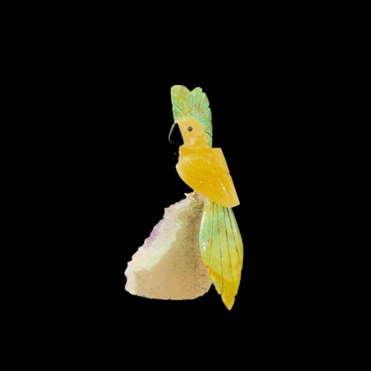 Orange Calcite Parrot with Green Quartz Crown & Tail on Amethyst Base – 17.5cm | 0.65kg