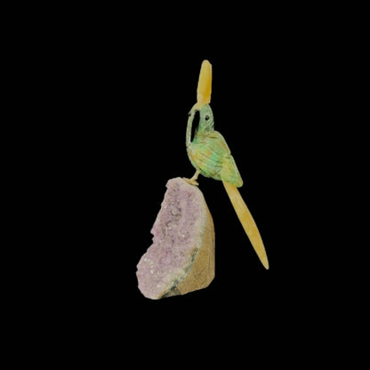 Green Quartz Parrot with Orange Calcite Crown & Tail on Amethyst Cutbase – 20cm | 0.61kg