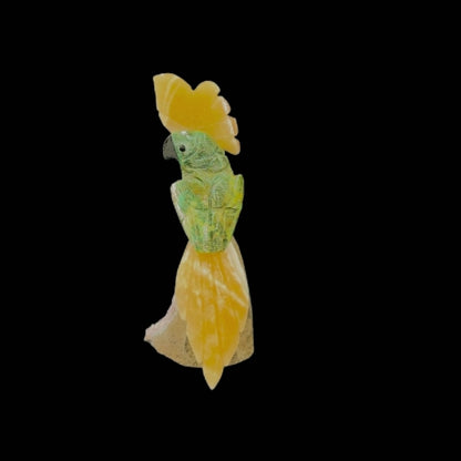 Green Quartz Parrot with Orange Calcite Crown & Tail on Amethyst Cutbase – 20cm | 0.61kg