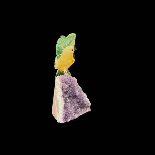 Orange Calcite Parrot with Green Quartz Crown & Tail on Amethyst Base – 17.5cm | 0.65kg