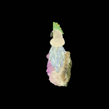 Clear Quartz Parrot with Green Quartz Crown & Sodalite Tail on Amethyst Cutbase – 17cm | 1kg