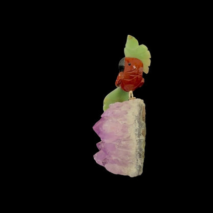 Red Jasper Parrot with Green Quartz Crown & Tail on Amethyst Cutbase – 20cm | 1kg