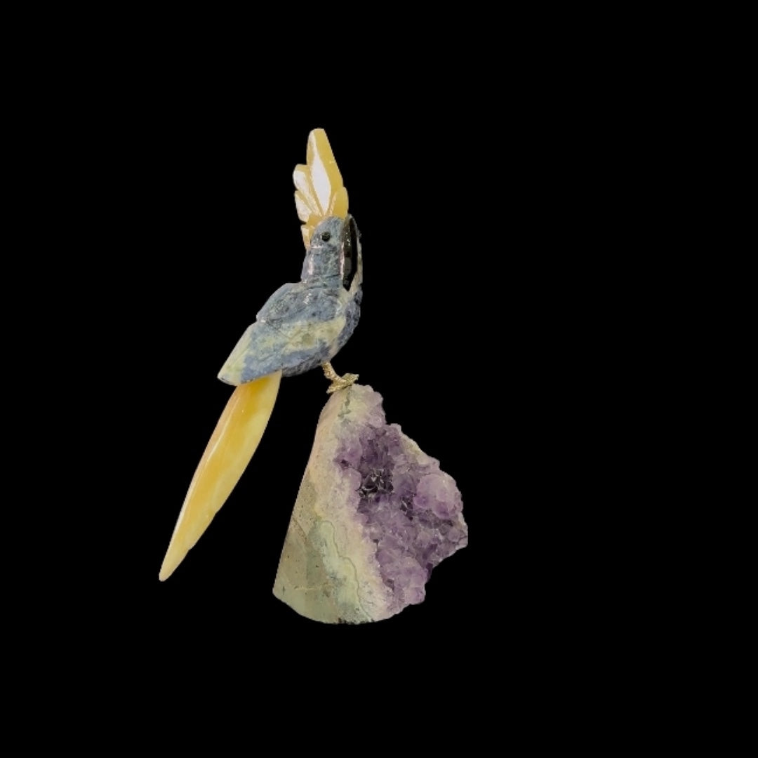 Sodalite Parrot with Orange Calcite Crown & Tail – 18.5cm | 0.6kg