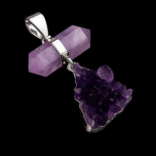 Double Terminated Stone with Amethyst Druse Pendant #63.1