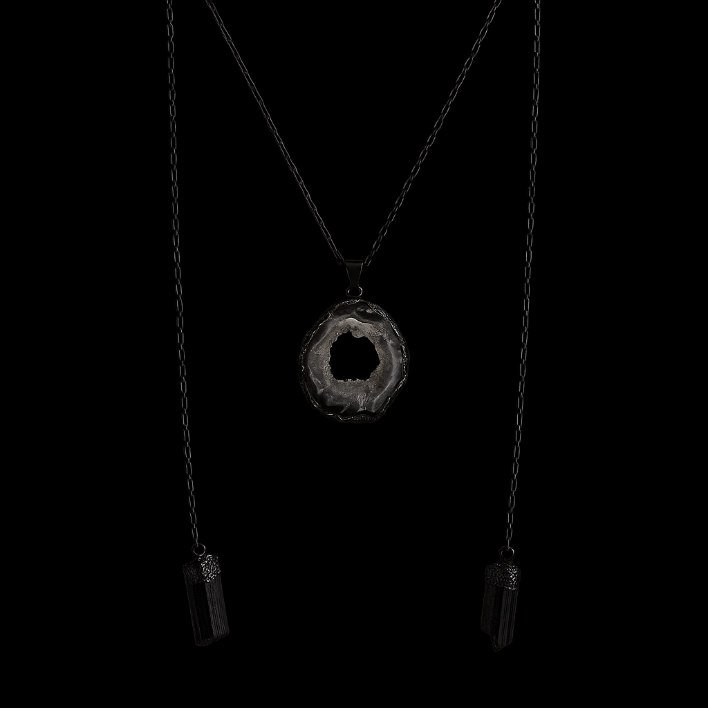 Natural geode with tourmaline Necklace #2068.1