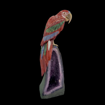 Red Jasper Macaw with Blue Quartz & Serpentine Accents on Cathedral Amethyst – 83cm | 37.8kg