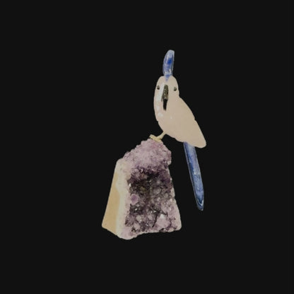 Rose Quartz Parrot with Sodalite Crown & Tail on Amethyst Cutbase – 18cm | 0.65kg