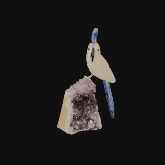 Rose Quartz Parrot with Sodalite Crown & Tail on Amethyst Cutbase – 18cm | 0.65kg