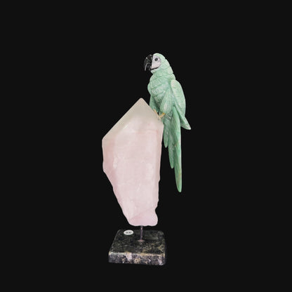 Green Quartz Parrot on Rose Quartz & Granite Base – 39cm | 4.64kg