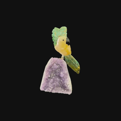 Orange Calcite Parrot with Green Quartz Crown & Tail on Amethyst Base – 17.5cm | 0.65kg