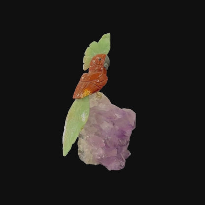 Red Jasper Parrot with Green Quartz Crown & Tail on Amethyst Cutbase – 20cm | 1kg