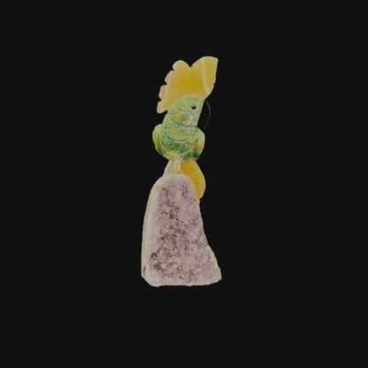 Green Quartz Parrot with Orange Calcite Crown & Tail on Amethyst Cutbase – 20cm | 0.61kg