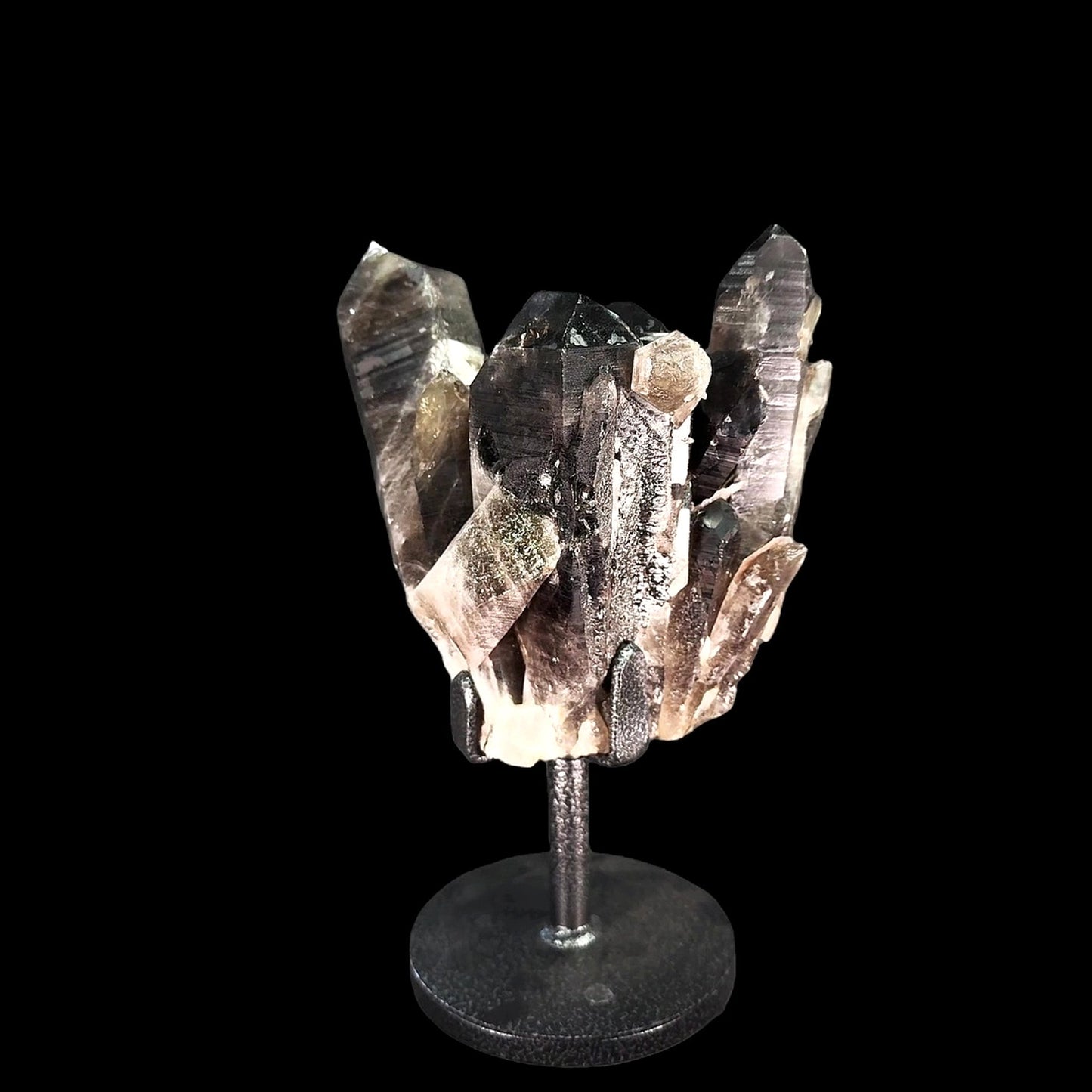 Smoky Quartz Cluster on Custom Circular Metal Stand – 33.5cm  6.12kg