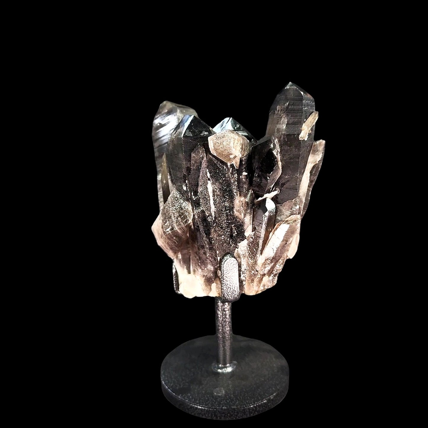 Smoky Quartz Cluster on Custom Circular Metal Stand – 33.5cm  6.12kg